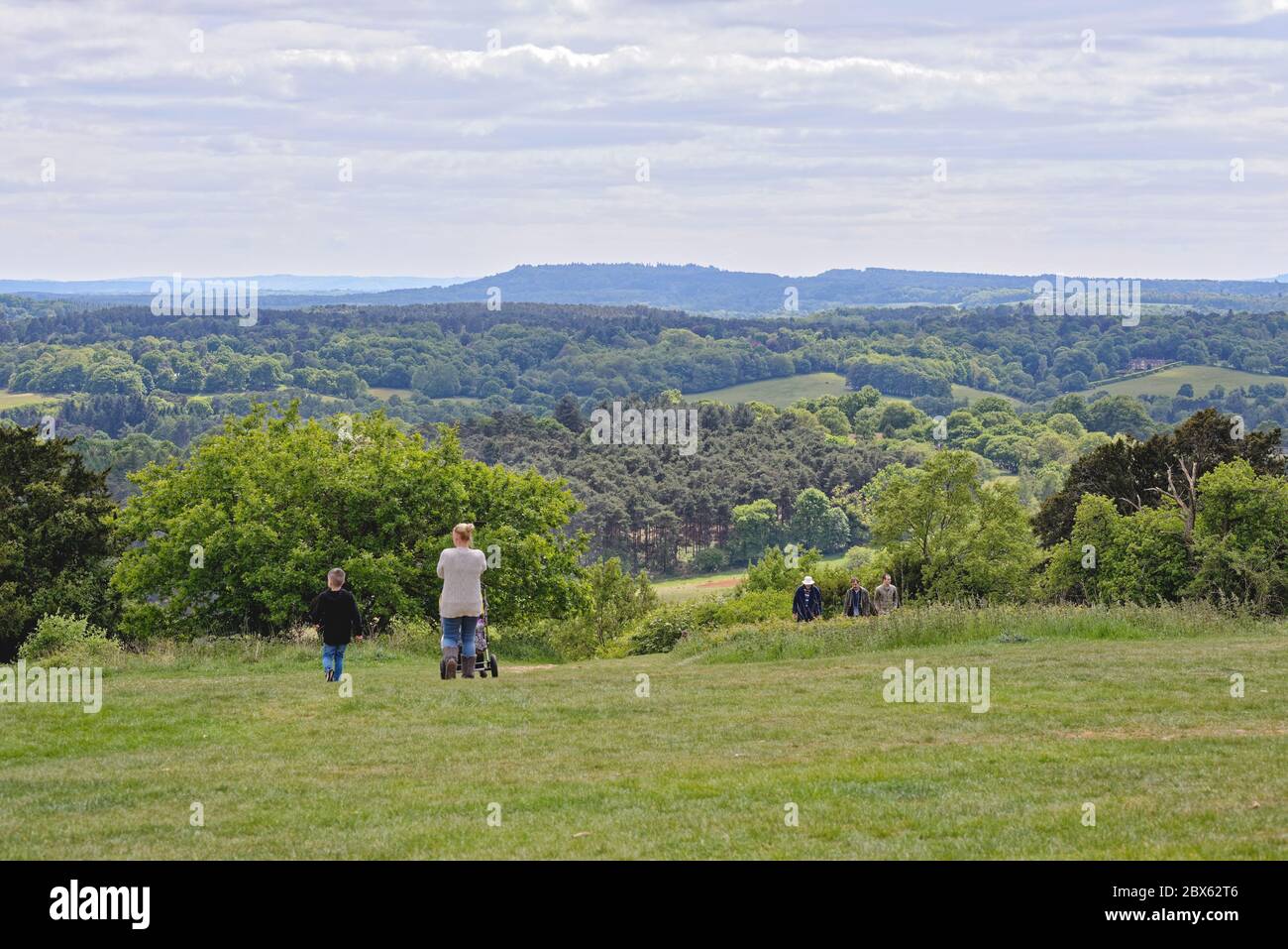 La vue de Newlands Corner dans les collines de Surrey en regardant vers les North Downs au loin, près de Guildford Angleterre Royaume-Uni Banque D'Images