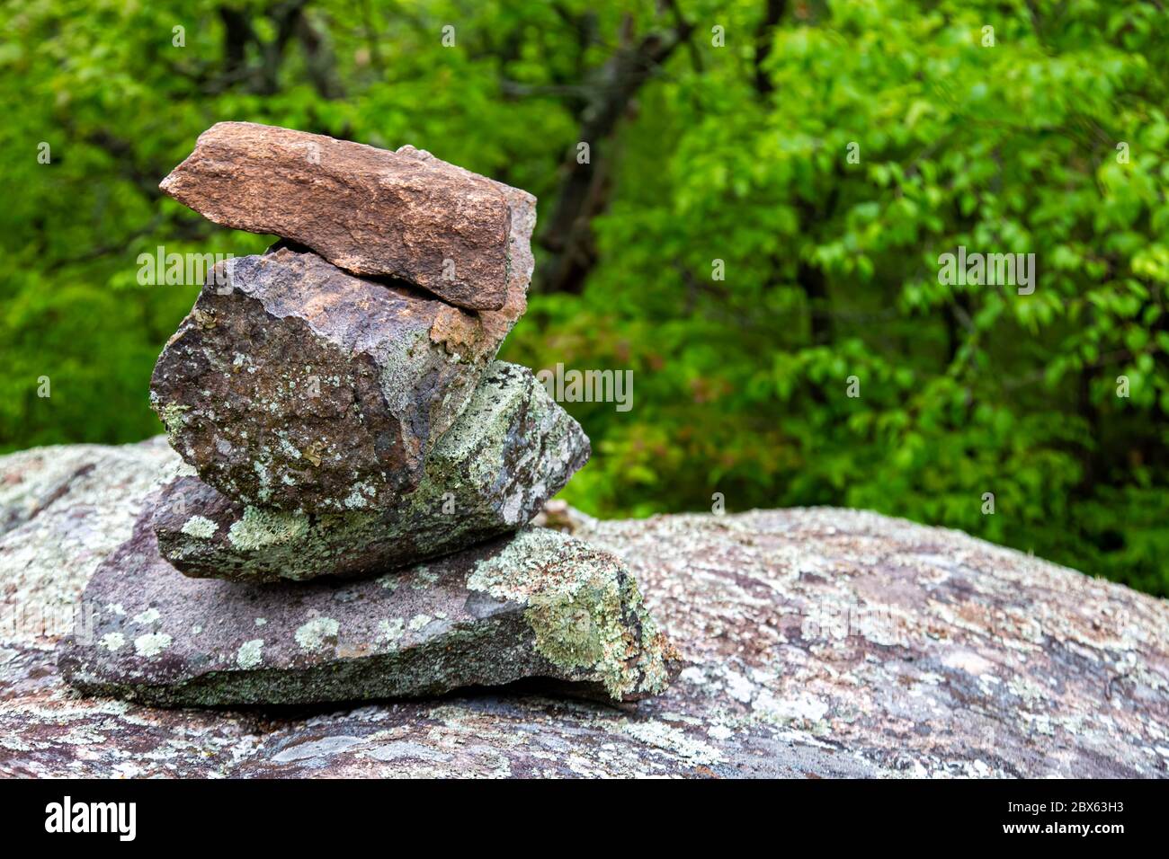 Les rochers empilés servent de marqueur sur un sentier de randonnée en forêt. Banque D'Images