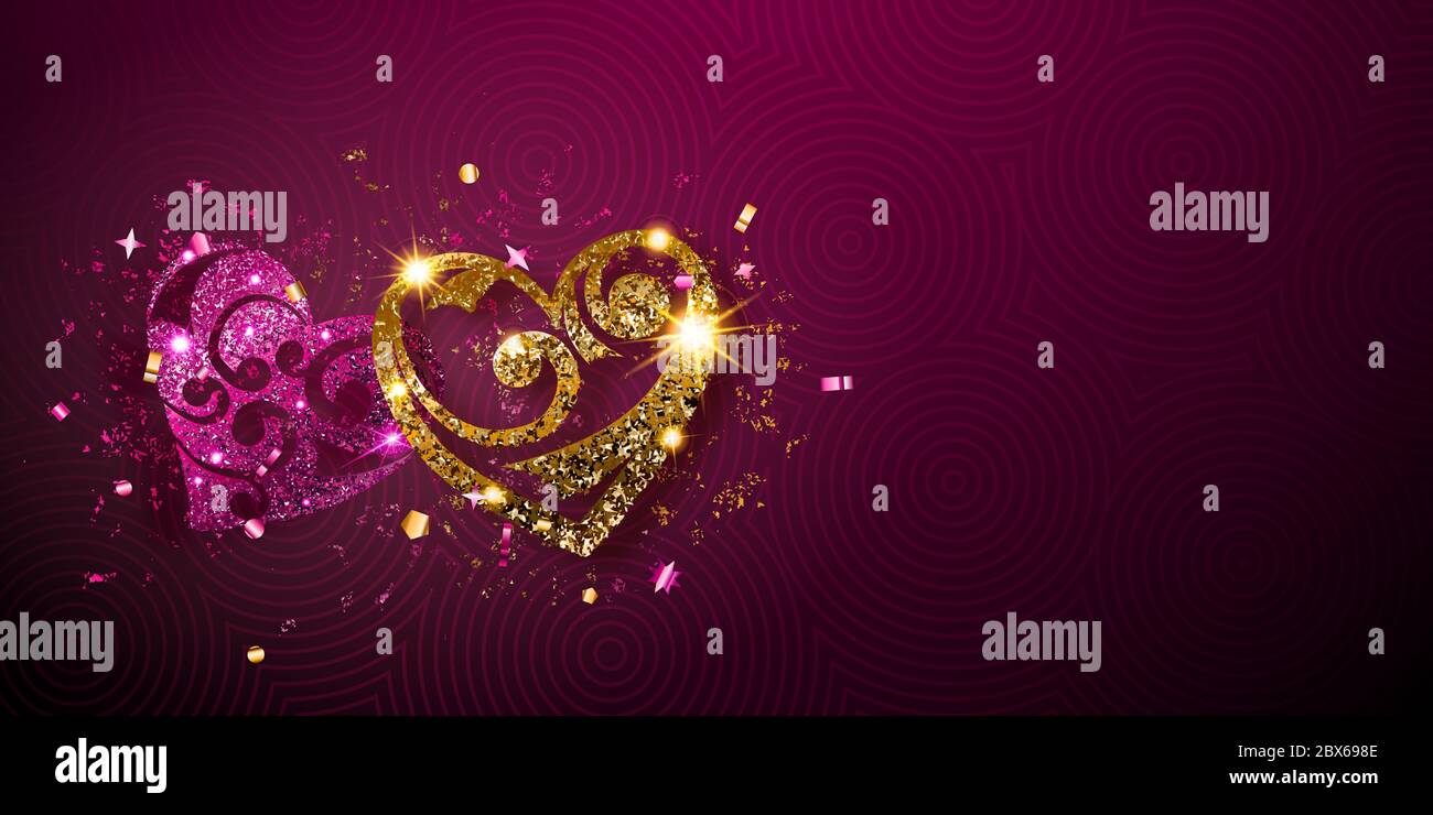 Carte de Saint-Valentin avec deux coeurs brillants de pourpre et doré scintillés avec des reflets et des ombres sur fond violet Illustration de Vecteur
