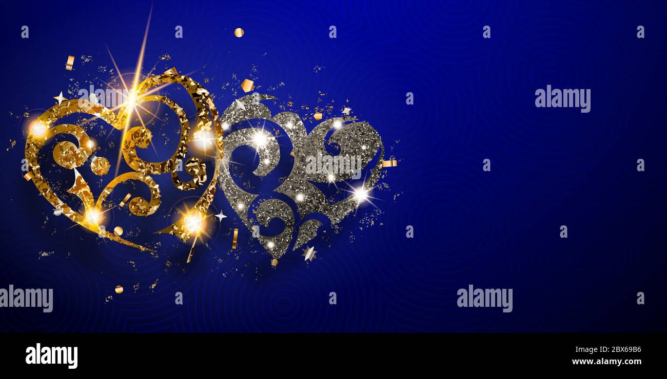 Carte de Saint-Valentin avec deux coeurs brillants d'argent et d'or scintille avec des reflets et des ombres sur fond bleu Illustration de Vecteur