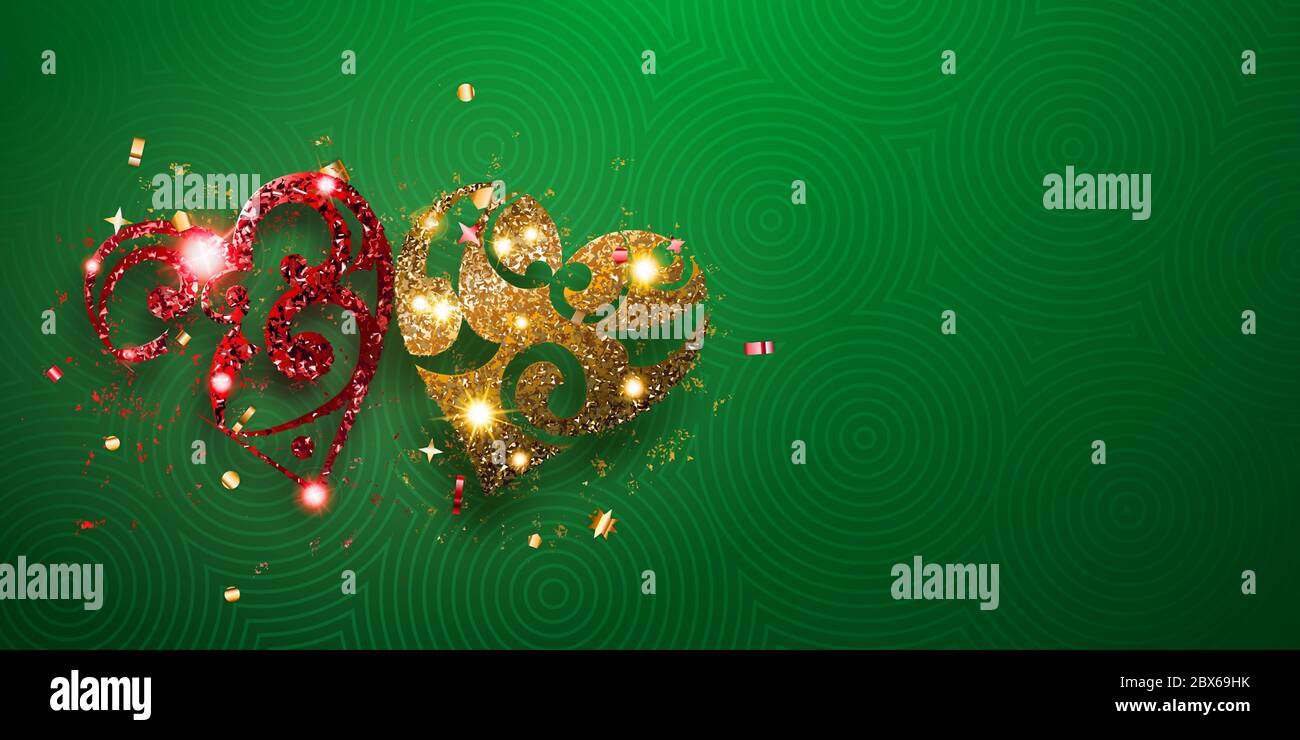 Carte de Saint-Valentin avec deux coeurs brillants de rouge et doré étincelant, avec des reflets et des ombres sur fond vert Illustration de Vecteur