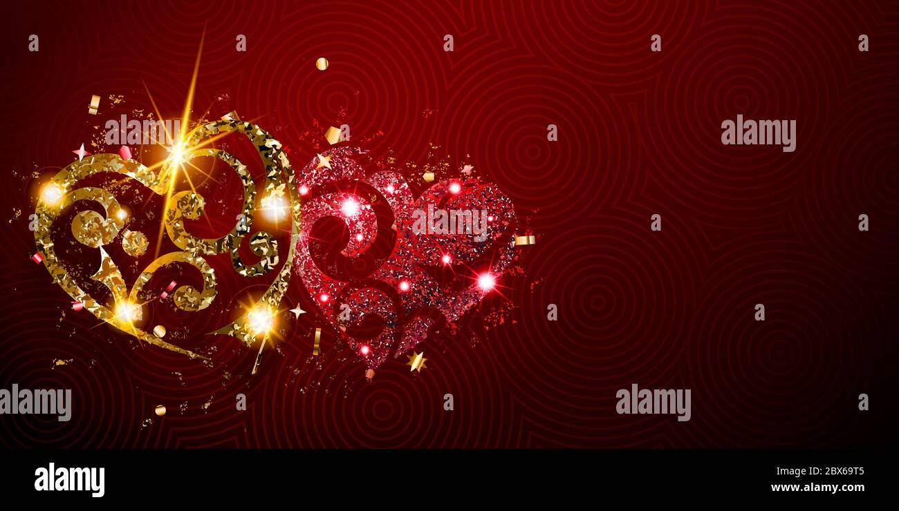 Carte de Saint-Valentin avec deux coeurs brillants de cramoisi et des flambeaux dorés avec des reflets et des ombres sur fond rouge Illustration de Vecteur