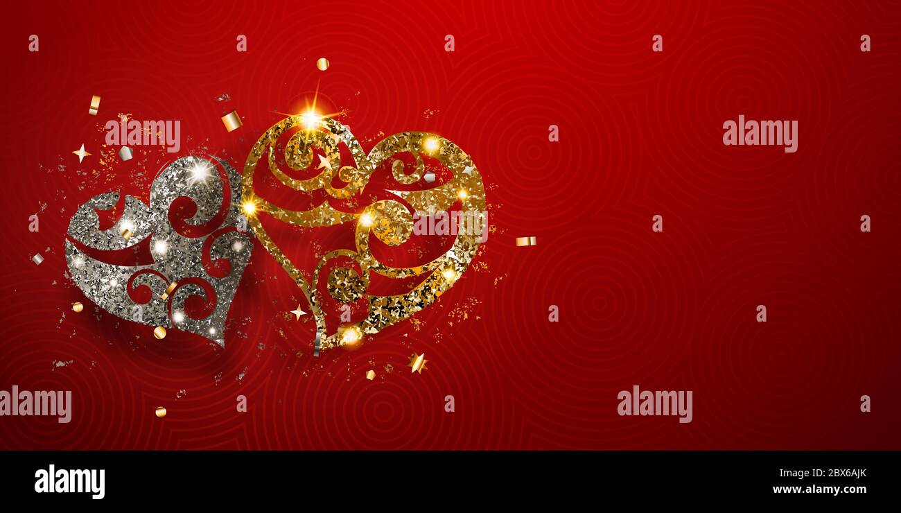 Carte de Saint-Valentin avec deux coeurs brillants d'argent et d'or scintille avec des reflets et des ombres sur fond rouge Illustration de Vecteur