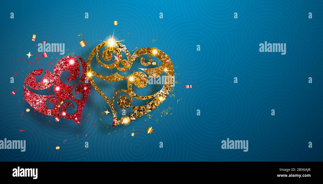 Carte de Saint-Valentin avec deux coeurs brillants de rouge et doré étincelant, avec des reflets et des ombres sur fond bleu clair Illustration de Vecteur