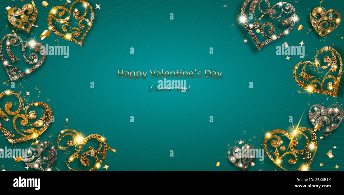 Carte de Saint-Valentin avec coeurs brillants d'argent et d'or scintille avec des reflets et des ombres sur fond bleu clair Illustration de Vecteur
