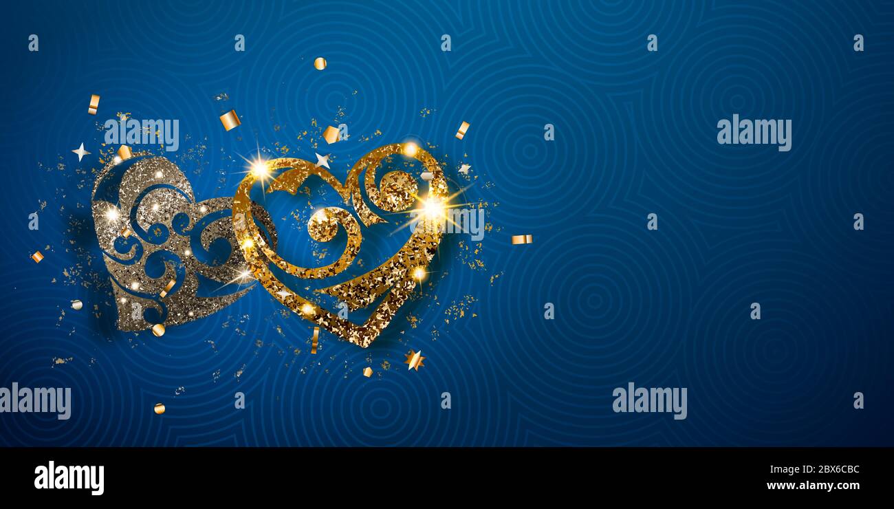 Carte de Saint-Valentin avec deux coeurs brillants d'argent et d'or scintille avec des reflets et des ombres sur fond bleu Illustration de Vecteur