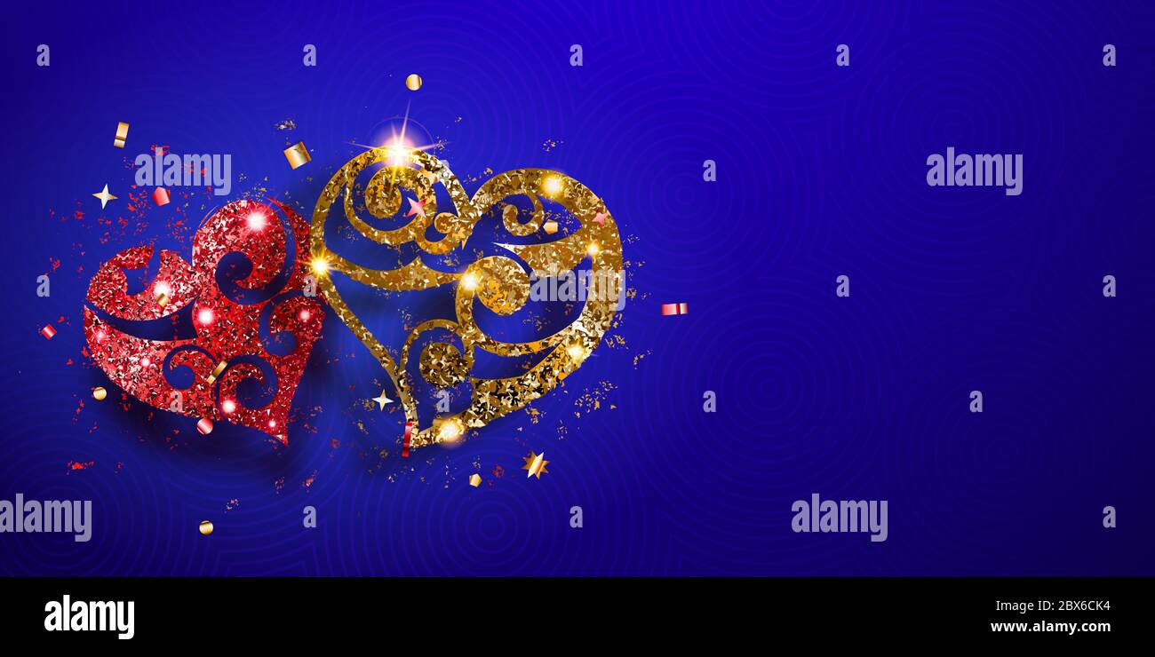 Carte de Saint-Valentin avec deux coeurs brillants de rouge et doré étincelant, avec des reflets et des ombres sur fond bleu Illustration de Vecteur