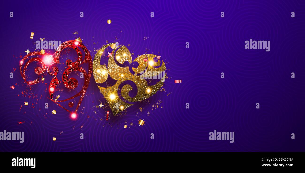 Carte de Saint-Valentin avec deux coeurs brillants de rouge et doré étincelant, avec des reflets et des ombres sur fond violet Illustration de Vecteur