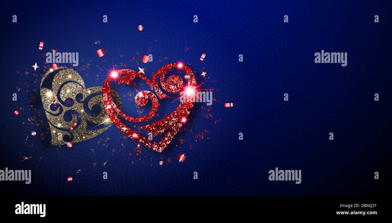 Carte de Saint-Valentin avec deux coeurs brillants d'argent et de rouge scintille avec des reflets et des ombres sur fond bleu Illustration de Vecteur
