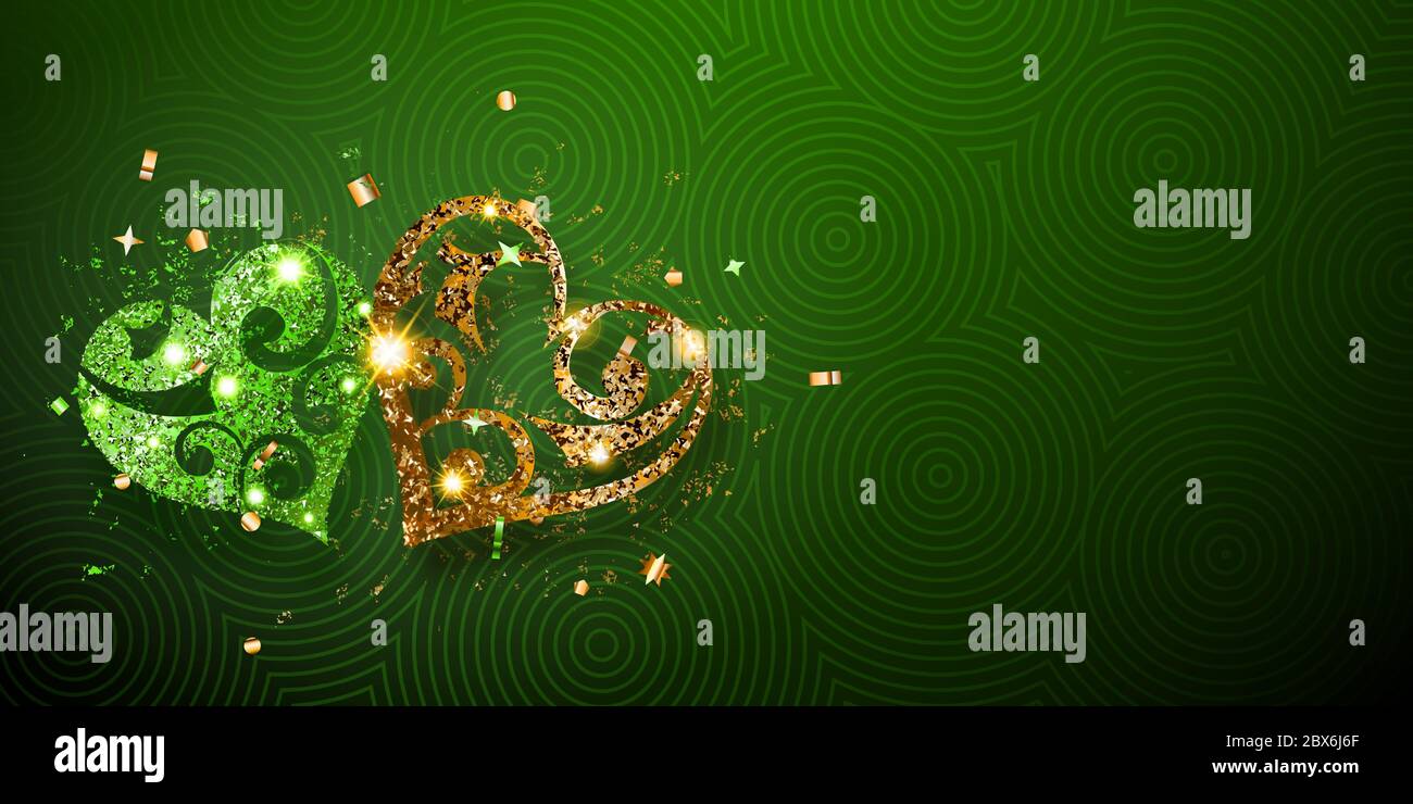 Carte de Saint-Valentin avec deux coeurs brillants de citron vert et des sparkles dorés avec des reflets et des ombres sur fond vert Illustration de Vecteur