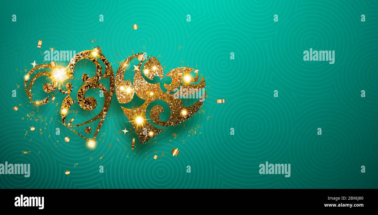 Carte de Saint-Valentin avec deux coeurs brillants de sparkles dorés, avec des reflets et des ombres sur fond bleu clair Illustration de Vecteur