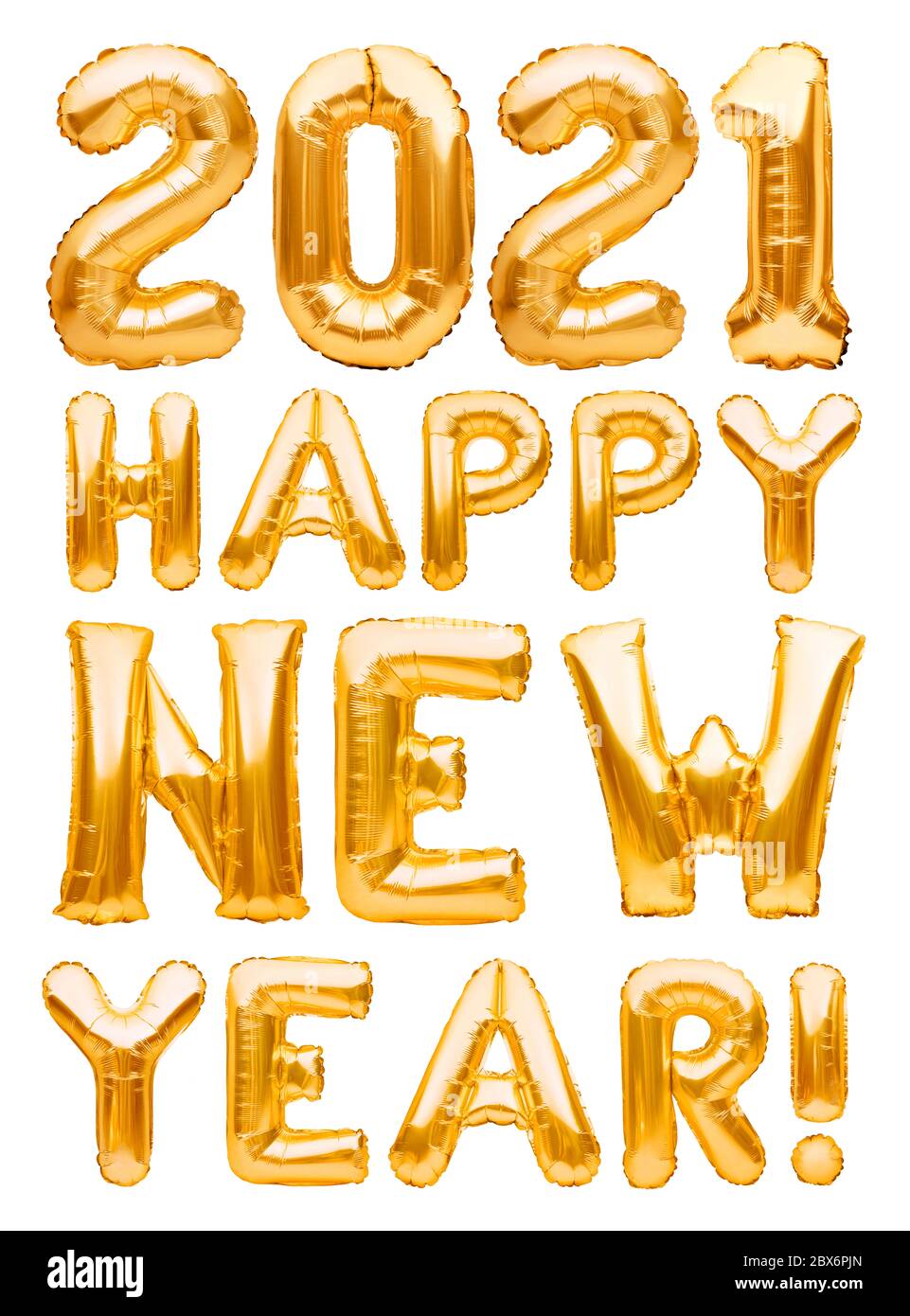 Bonne année 2021 phrase faite de ballons gonflables dorés isolés sur blanc. Ballons d'hélium formant Bonne année 2021 félicitations, feuille Banque D'Images
