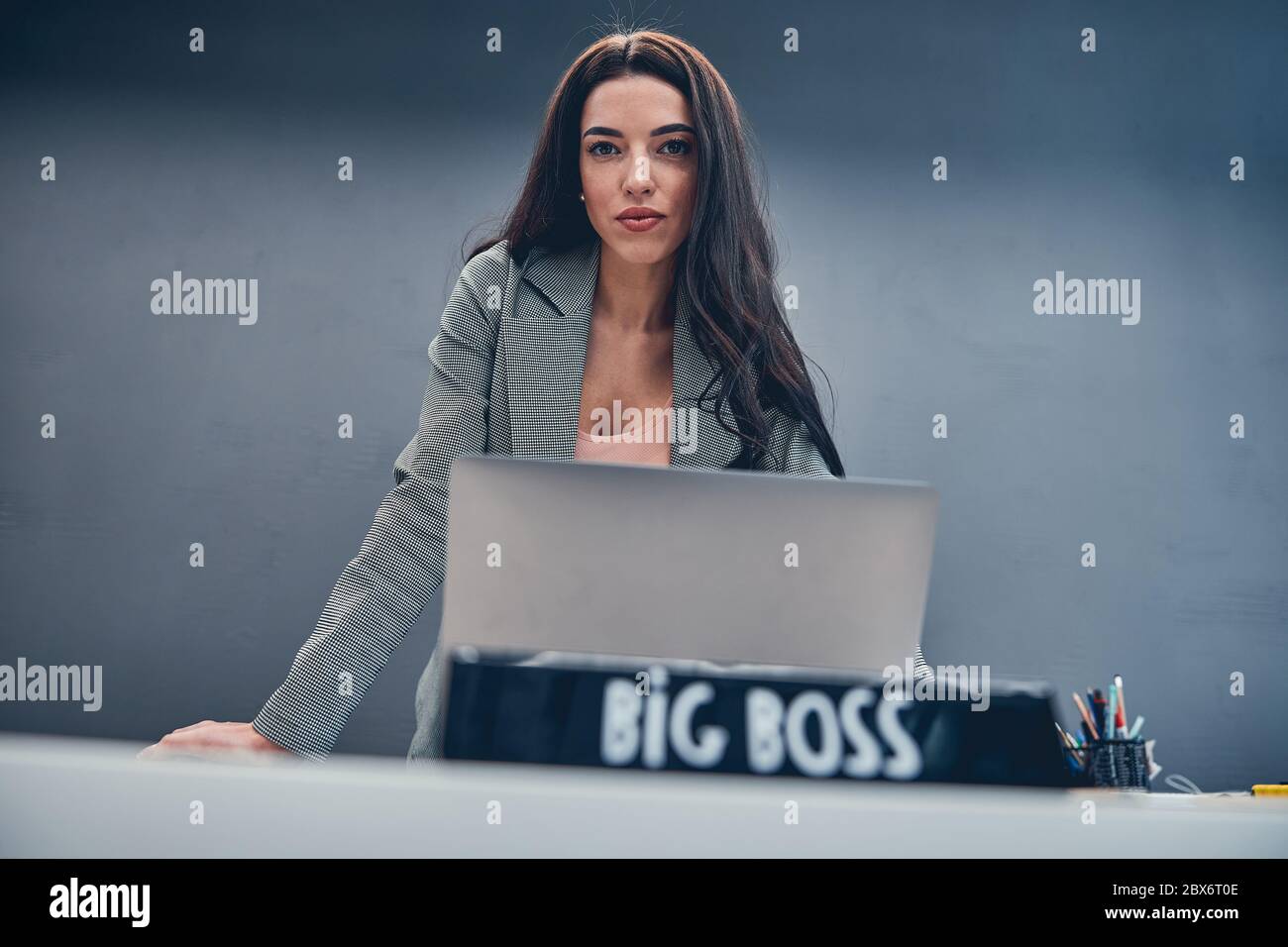 Femme d'affaires se penchée sur un bureau avec un ordinateur portable et une plaque signalétique grand patron Banque D'Images