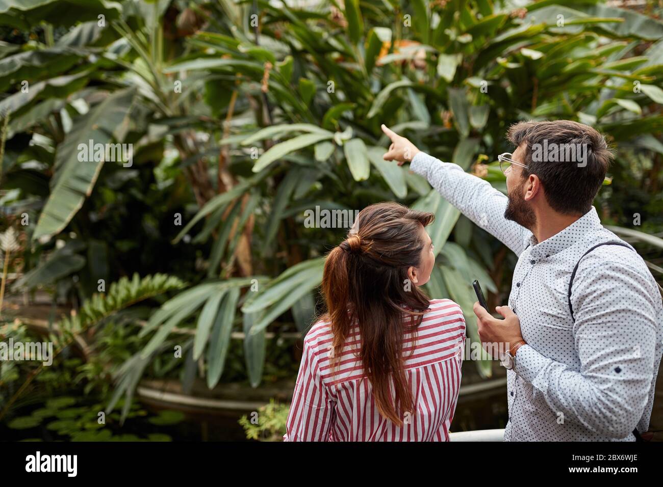 jeune homme montrant avec l'index différentes plantes à une femme, expliquant, admirant, appréciant, souriant. Copier l'espace Banque D'Images