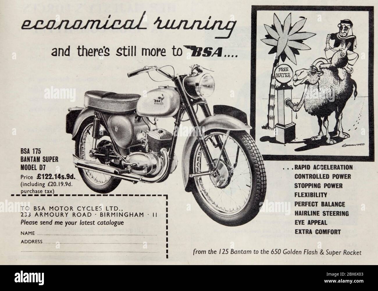 Publicité vintage pour la BSA 175cc Bantam Super modèle D7 moto. Banque D'Images