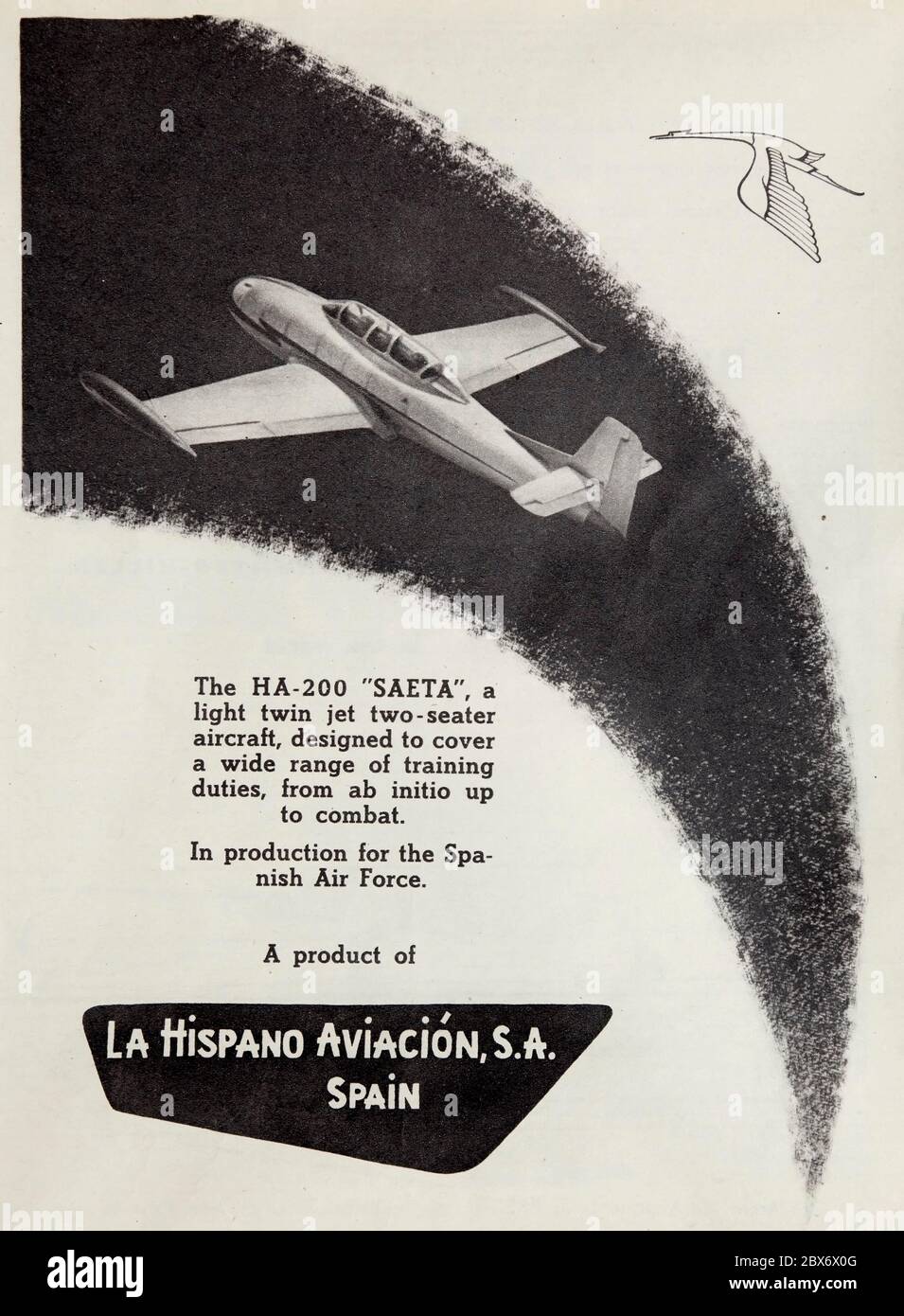 Publicité vintage pour l'avion d'entraînement militaire Hispano HA200 Saeta, le premier avion espagnol à utiliser la propulsion par jet. Banque D'Images