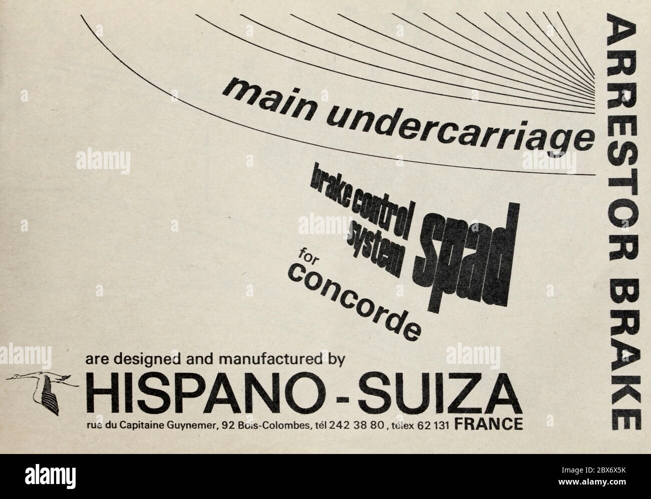 Publicité vintage pour les trains de roulement, les commandes de frein et les freins d'arrêt d'avion Hispano Suiza, utilisés sur Concorde. Banque D'Images