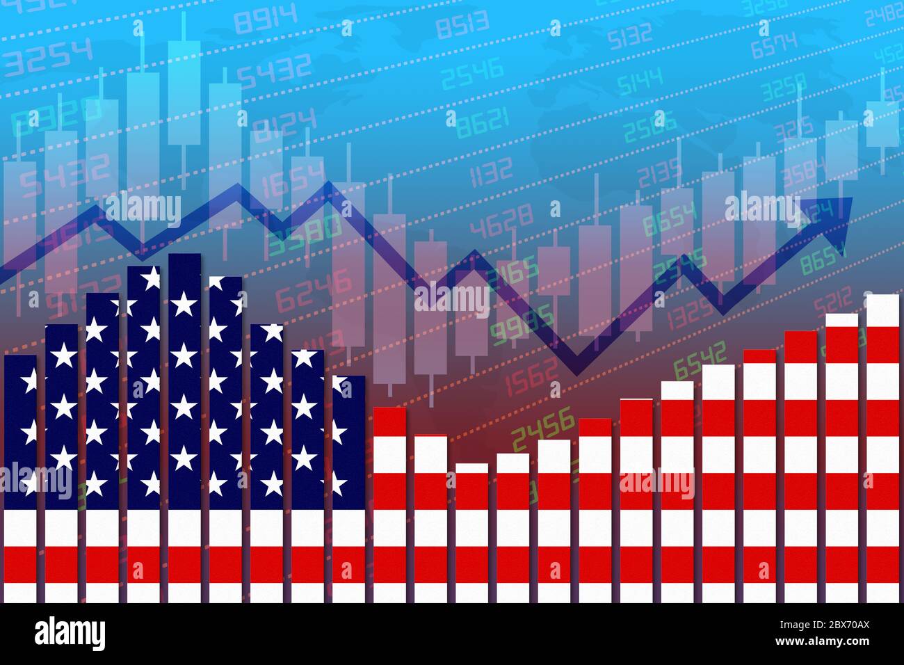 Les États-Unis drapeau sur le concept de graphique à barres de la reprise économique avec la bourse à la baisse et à la hausse. Concept d'amélioration des affaires après la crise comme Covid-1 Banque D'Images