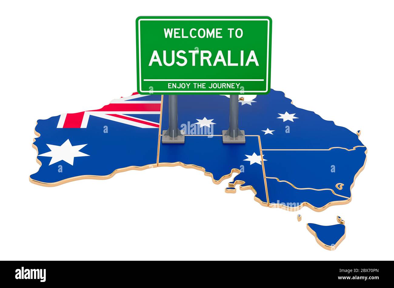 Panneau d'affichage Bienvenue en Australie sur la carte australienne, rendu 3D isolé sur fond blanc Banque D'Images