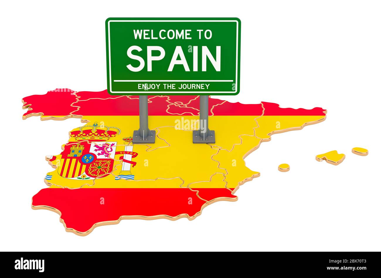 Panneau d'affichage Bienvenue en Espagne sur la carte espagnole, rendu 3D isolé sur fond blanc Banque D'Images