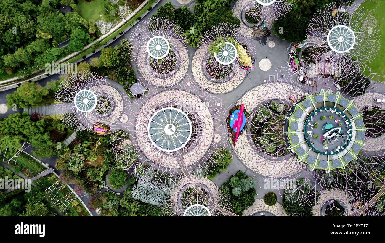 Photo aérienne des jardins au bord de la baie de Singapour pendant la journée, une attraction de choix pour les touristes. Banque D'Images