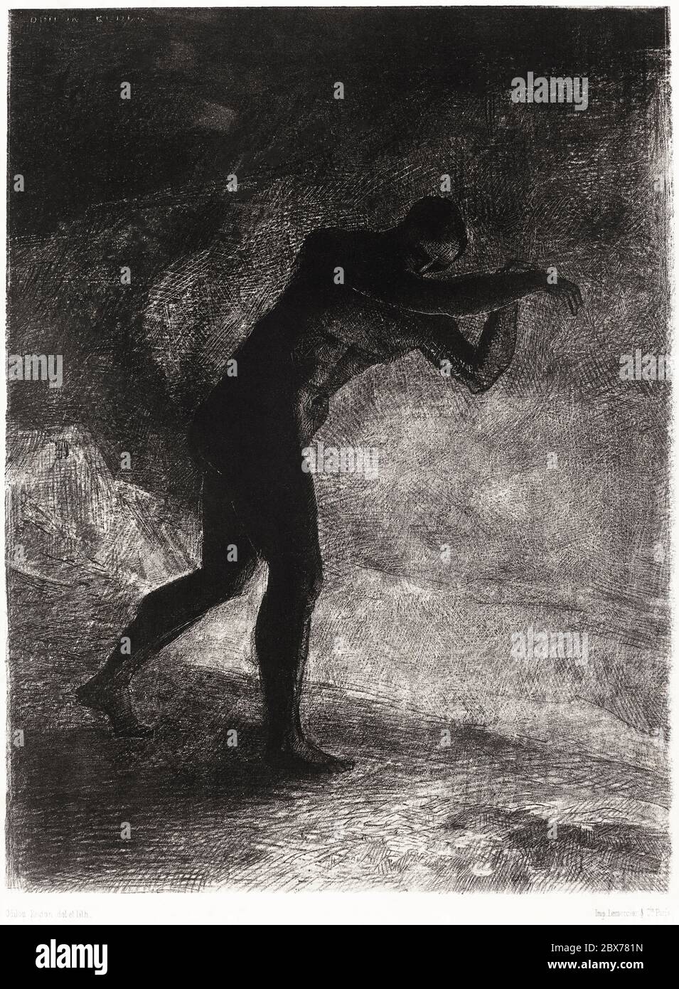 Et l'homme apparut, questionnant la Terre d'où il est apparu et qui l'attire, il fit son chemin vers la sombre luminosité (1883) par Odilon Redon. Banque D'Images