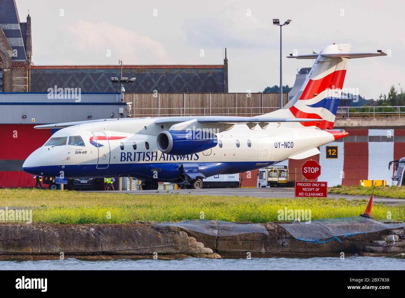 Londres, Royaume-Uni - 7 juillet 2019 : British Airways Sun Air Dornier 328 Jet Airplane London City Airport (LCY) au Royaume-Uni. Banque D'Images