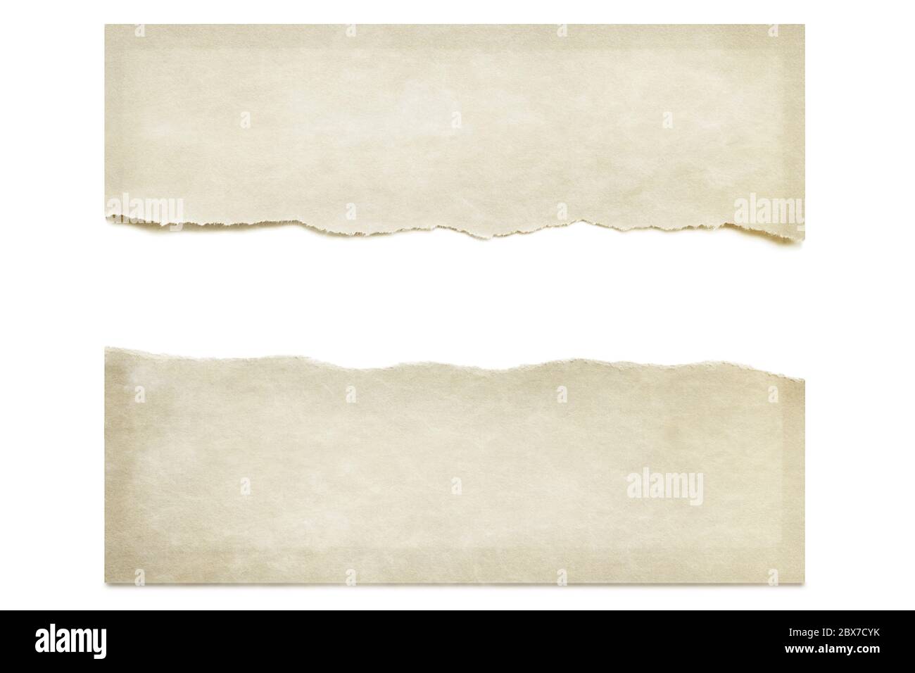 Papier déchiré en deux, isolé sur blanc avec ombre portée. Espace pour le texte. Banque D'Images