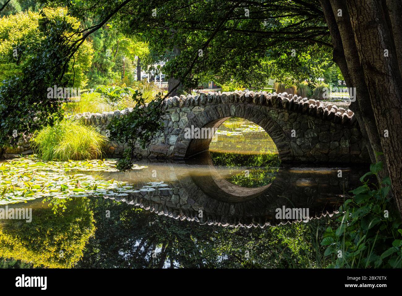 Pont dans les jardins de Queenstown sur l'île du Sud de New Zealands Banque D'Images