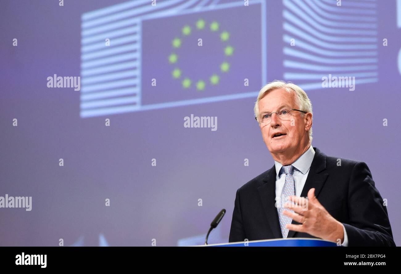 (200605) -- BRUXELLES, le 5 juin 2020 (Xinhua) -- Michel Barnier, négociateur en chef de l'Union européenne (UE) avec le Royaume-Uni, parle lors d'une conférence de presse à Bruxelles, Belgique, le 5 juin 2020. Michel Barnier a déclaré vendredi qu'il n'y avait pas eu de progrès significatifs après la fin du quatrième cycle de pourparlers avec le Royaume-Uni sur leurs relations après le Brexit. (Union européenne/document via Xinhua) Banque D'Images