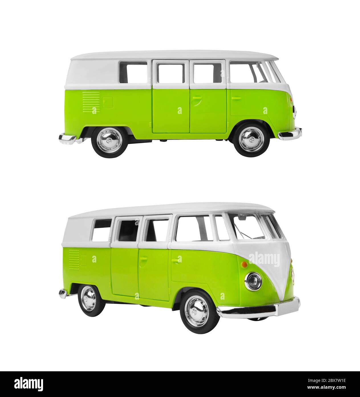 Vue en angle et profil de fourgonnette de transporteur isolé vert. Banque D'Images