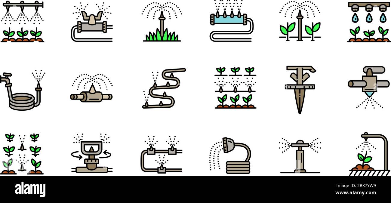 Icônes du système d'irrigation définies. Ensemble de contours d'icônes vectorielles de système d'irrigation pour la conception de la toile isolée sur fond blanc Illustration de Vecteur