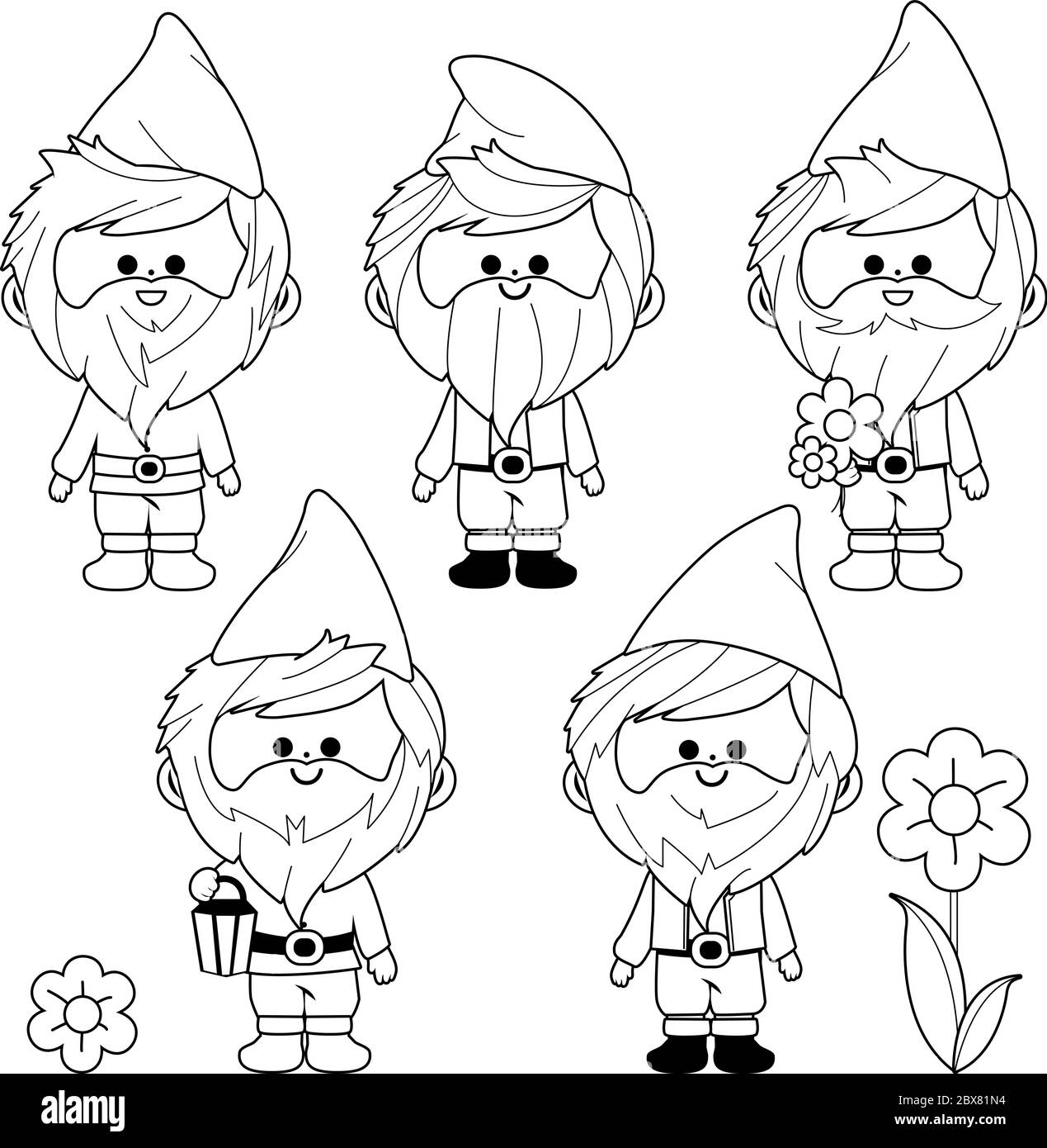 Collection de gnomes de jardin. Page de couleur noire et blanche vectorielle Illustration de Vecteur