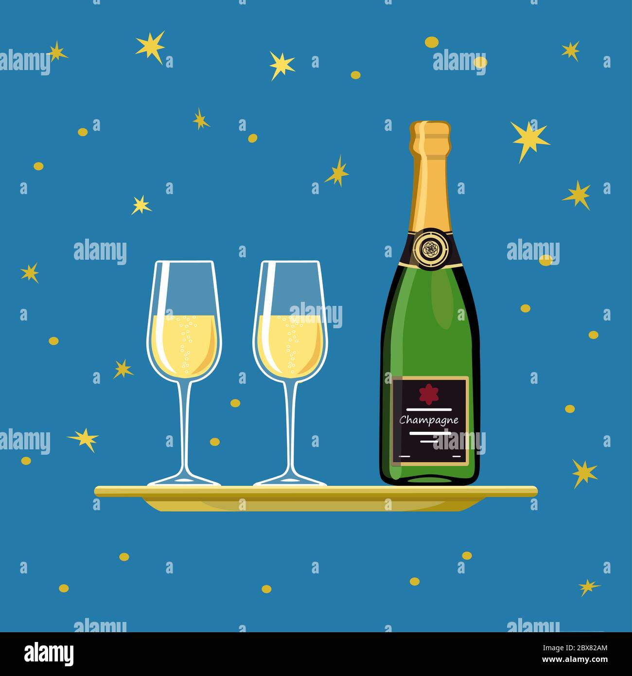 Champagne. Bouteille de champagne avec des verres sur fond de ciel étoilé. Illustration vectorielle Banque D'Images