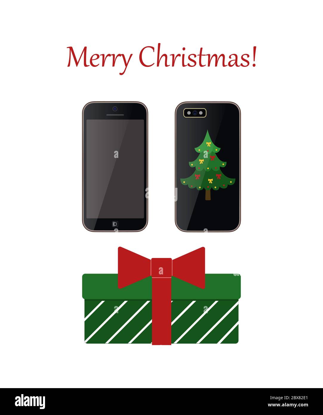 Cadeau de Noël. L'arrière du téléphone est décoré d'un arbre de Noël vert.  Boîte cadeau avec noeud. Illustration vectorielle Photo Stock - Alamy
