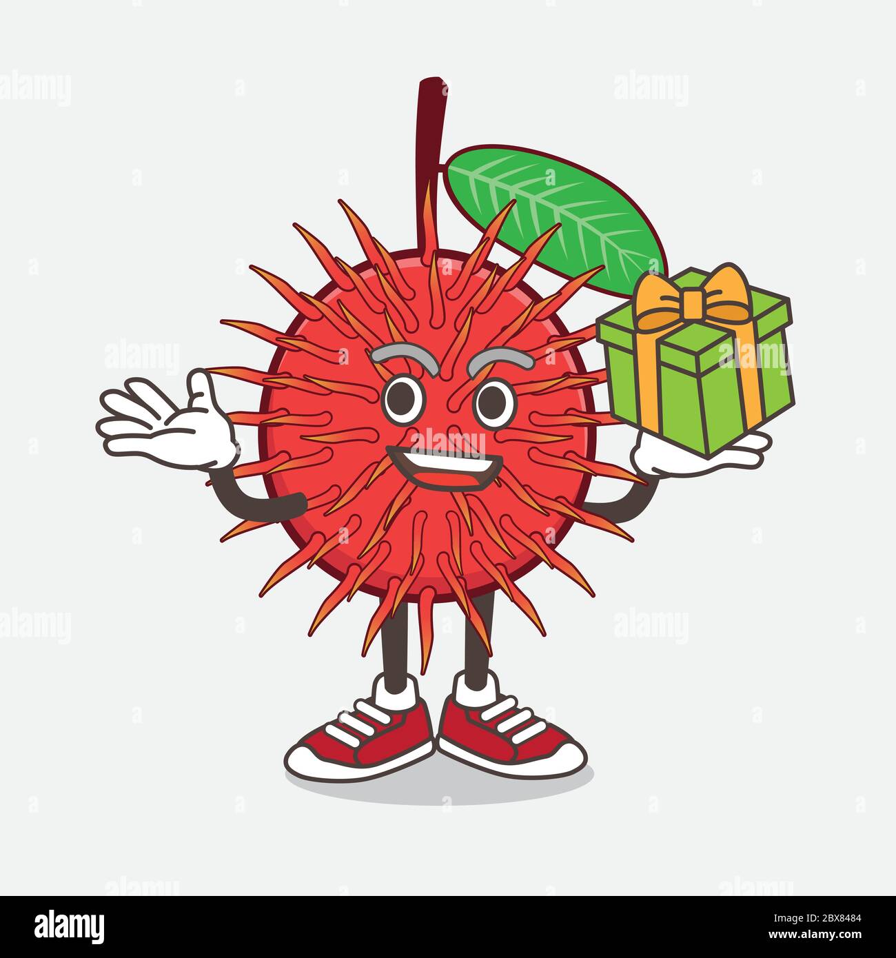 Une illustration de la mascotte de dessin animé de fruit Rambutan avec une boîte de cadeau Illustration de Vecteur