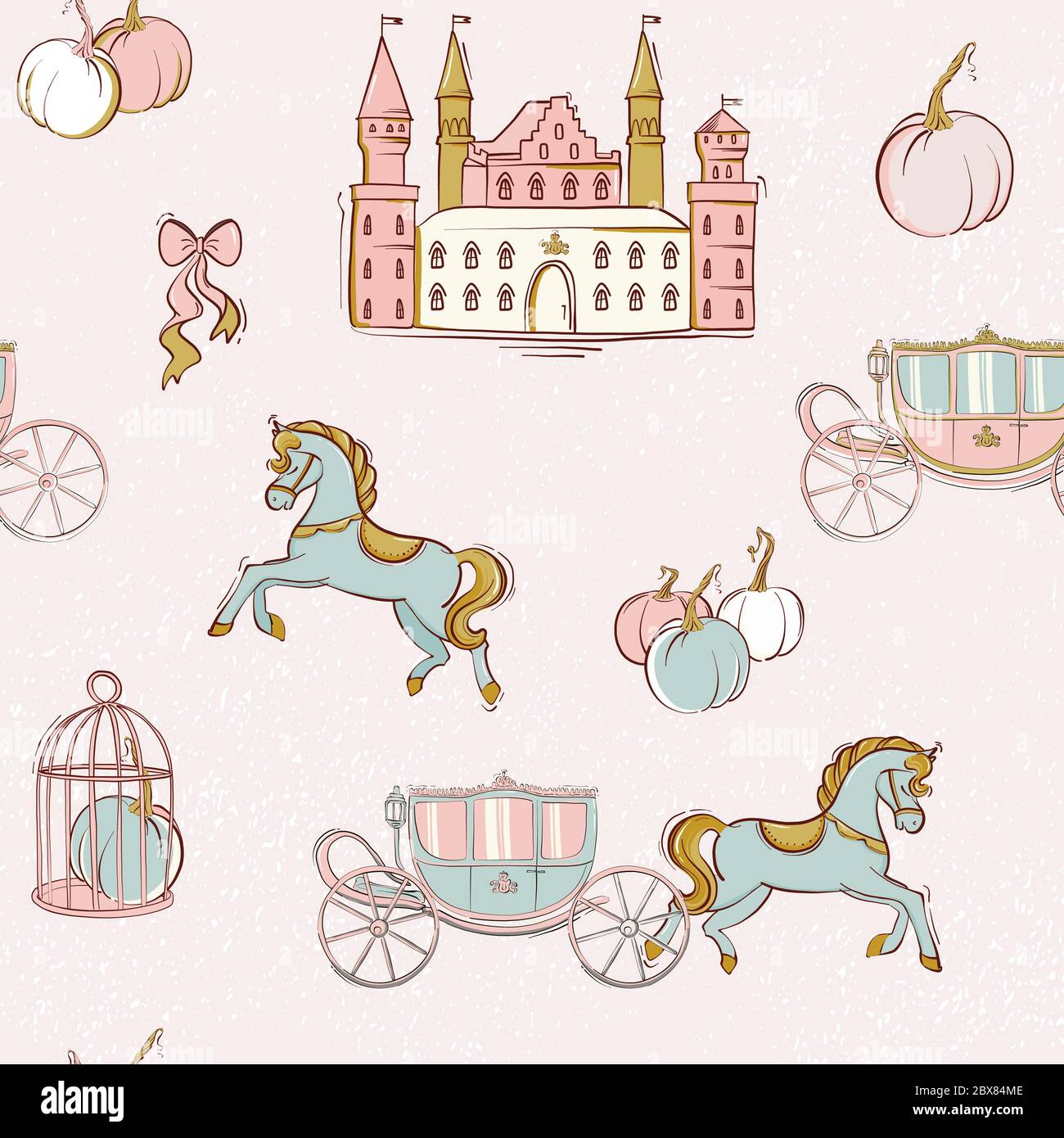 Château de conte de fées, cheval, citrouille, imprimé de la crèche de cabine. Imprimé scandinave sans couture pour enfant, tour magique, motif princesse maison. Vecteur de lumière. Illustration de Vecteur