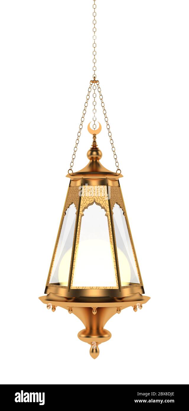 Illustration 3D de la lanterne arabe de Ramadan | lanterne hexagonale suspendue avec motif arabe en or Banque D'Images