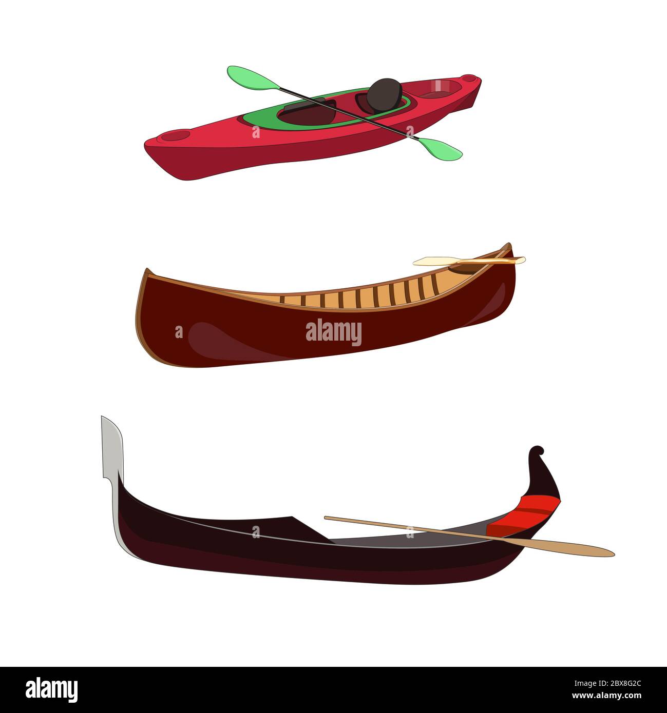 Ensemble de bateau : gondole vénitienne bateau à rawing traditionnel. Canot en bois. Kayak de course avec paddels. Illustration graphique isolée vectorielle Illustration de Vecteur