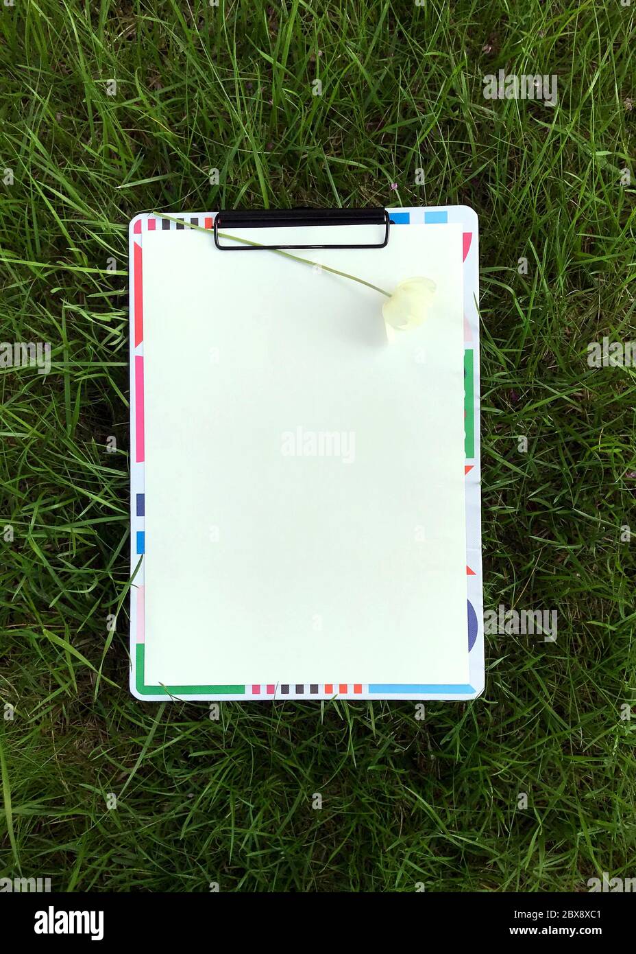 Photo du presse-papiers avec une feuille de papier vierge sur herbe verte, vue du dessus. Banque D'Images