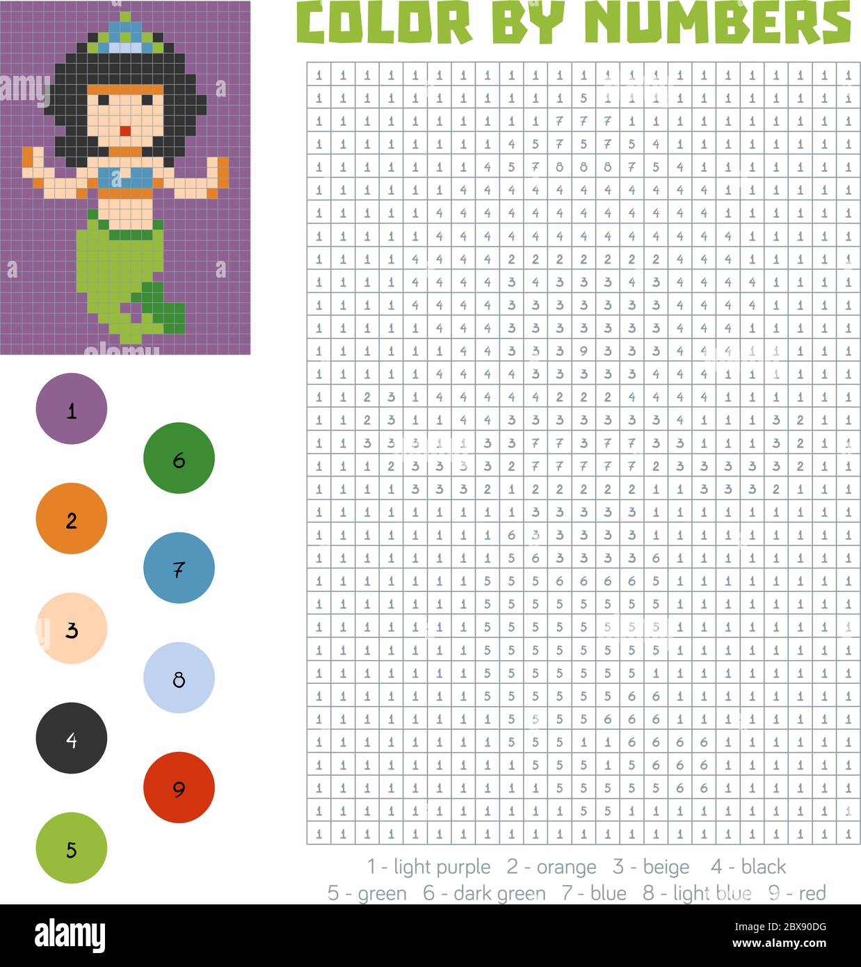 Couleur par nombre, jeu d'éducation pour enfants, Mermaid Illustration de Vecteur