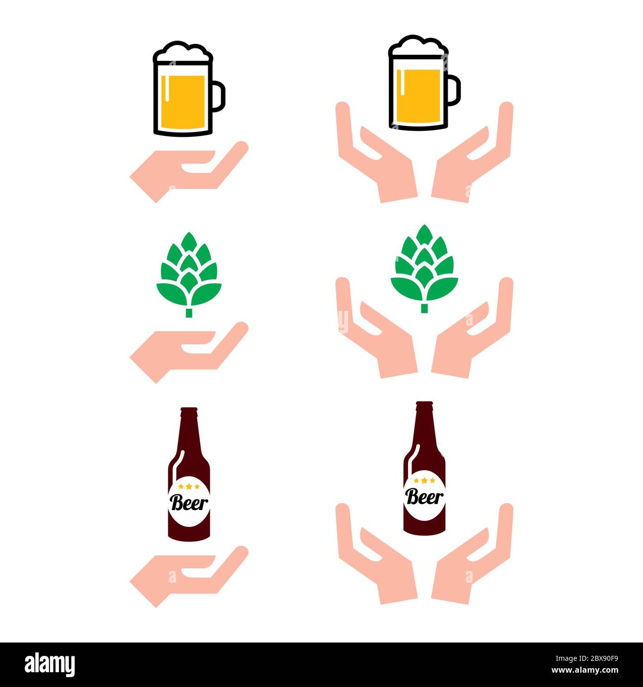 Bouteille de bière et verre d'amour, houblon avec les mains icônes ensemble - boisson alcoolisée, conception de bière artisanale Illustration de Vecteur