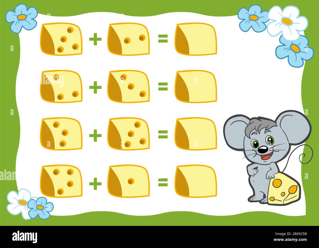 Jeu de comptage pour enfants de l'école préscolaire. Éducation un jeu mathématique. Comptez les chiffres sur l'image et écrivez le résultat. Feuilles de travail supplémentaires. Illustration de Vecteur