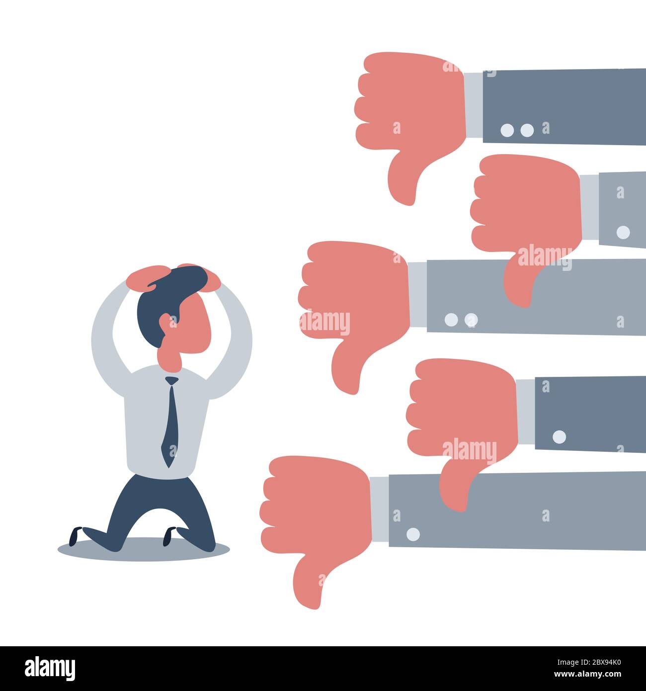 Groupe d'hommes d'affaires montrent peu comme ou contrairement pouces de la main vers le bas à un triste homme d'affaires caractère sur les genoux Illustration de Vecteur