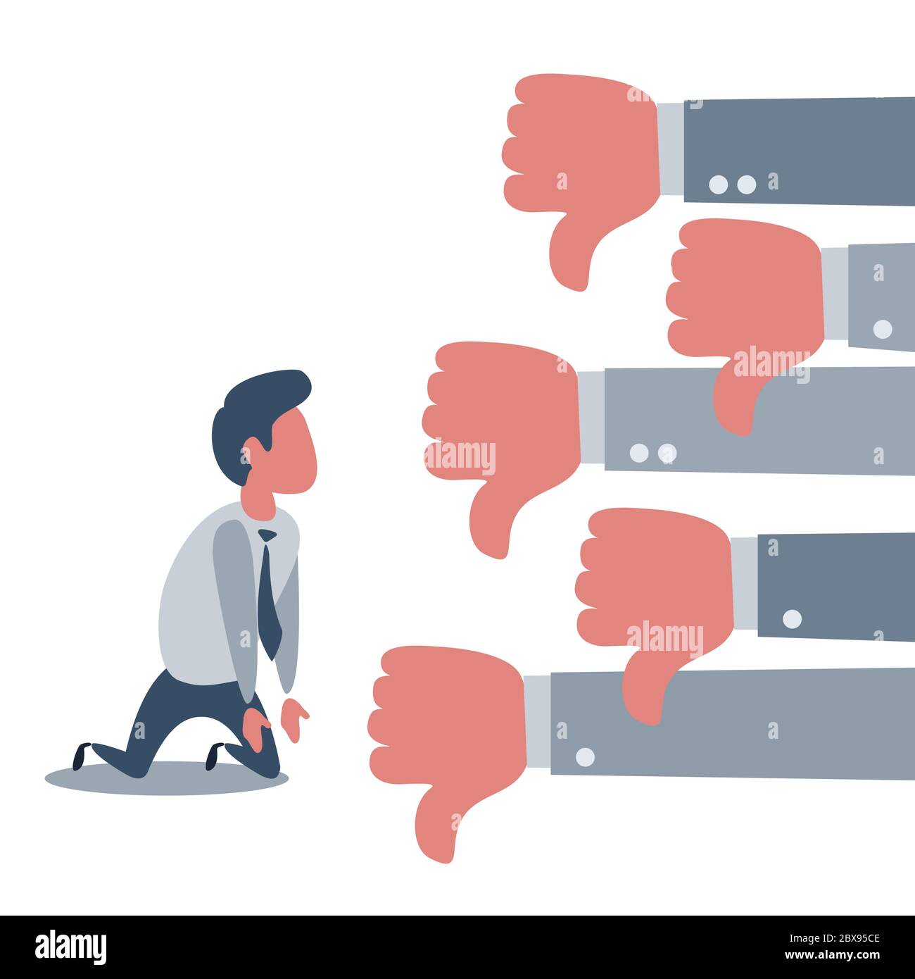 Groupe d'hommes d'affaires montrent peu comme ou contrairement pouces de la main vers le bas à un triste homme d'affaires caractère sur les genoux Illustration de Vecteur