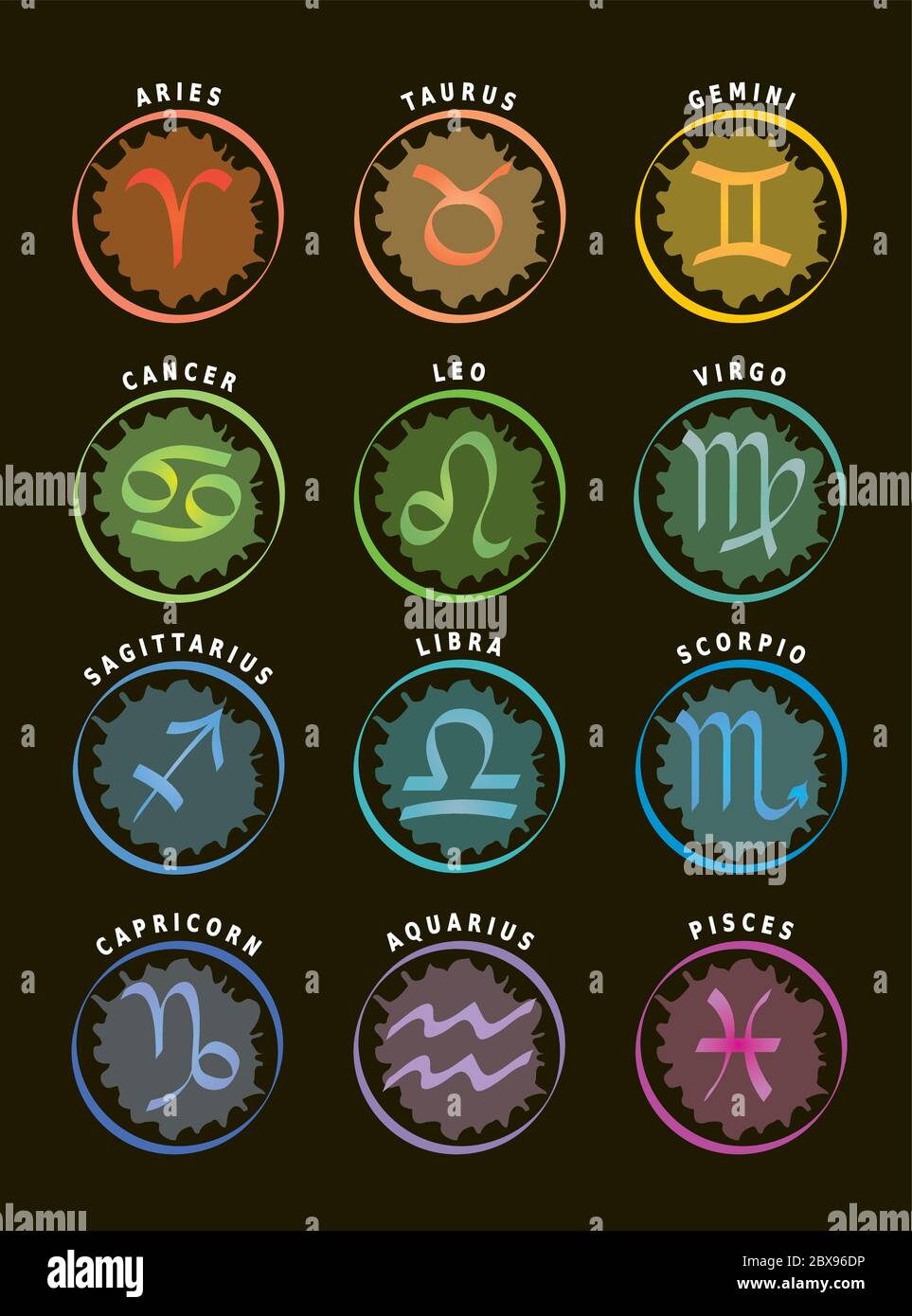Signes du zodiaque, douze icônes d'astrologie avec des noms en anglais,  fond noir Image Vectorielle Stock - Alamy