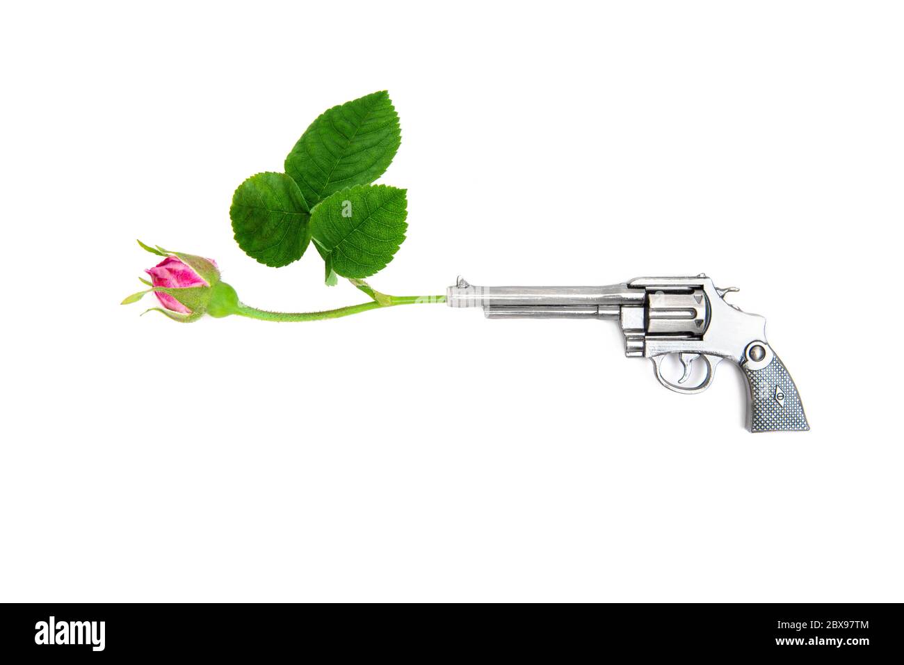 Revolver avec une rose rouge dans le canon sur fond rose. Arrêter la violence et pas de concept de guerre. Banque D'Images
