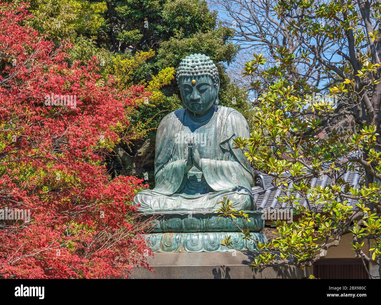 tokyo, japon - mars 31 2020: Statue de bronze géant représentant le Bouddha Shaka Nyorai dans le temple Tennoji du bouddhisme Tendai dans le cimetière Yanaka de Tok Banque D'Images