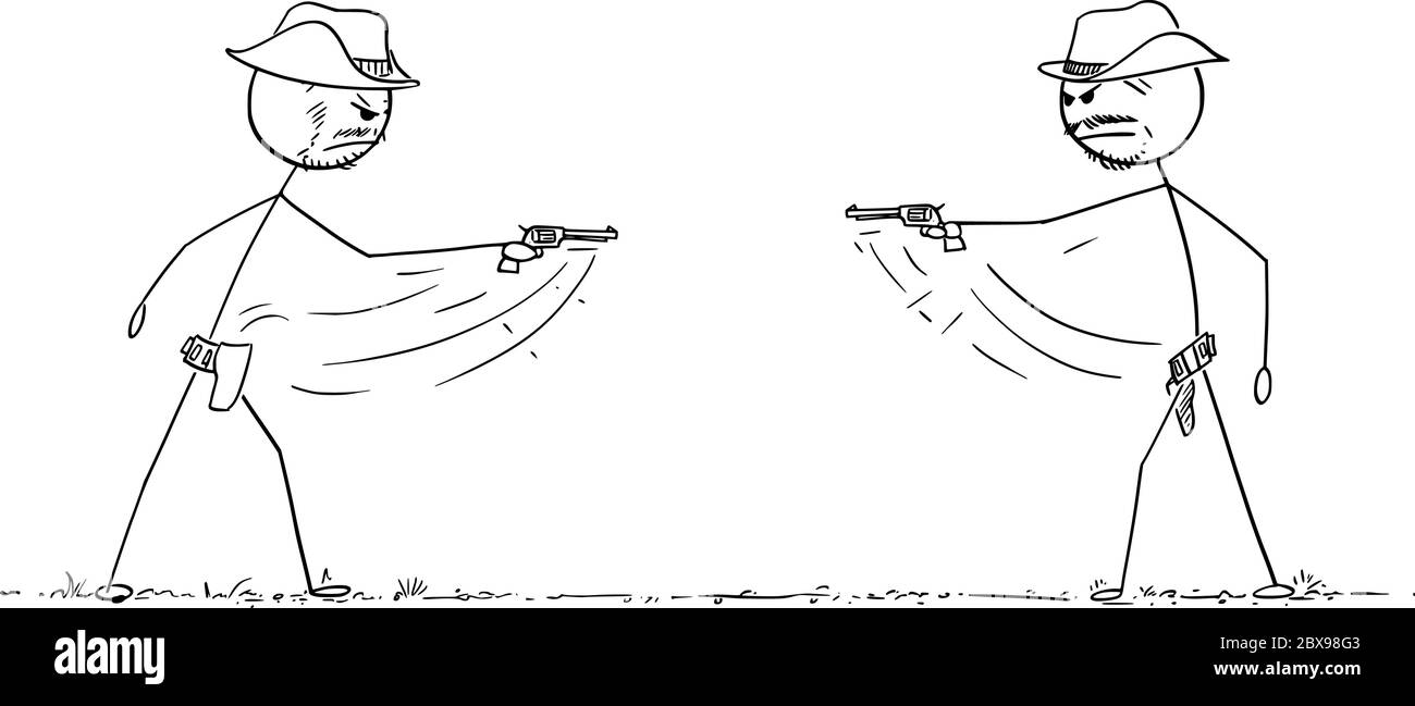 Dessin de dessin vectoriel de bâton de dessin illustration conceptuelle de deux cow-boys américains sauvages de l'ouest à duel ou de combat par armes ou dueling avec revolvers.Business concept de compétition. Illustration de Vecteur