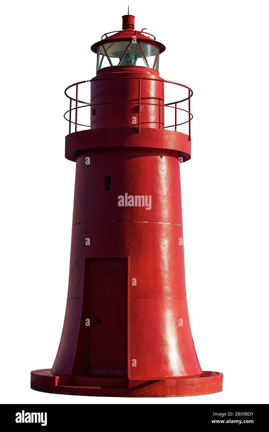 Vieux phare rouge isolé sur fond blanc, photographie. Port de la Spezia, Ligurie, Italie, Europe Banque D'Images